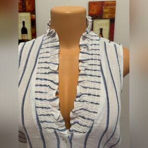 NWT ElLEN TRACY Blue and White Ruffle Blouse SIZE M